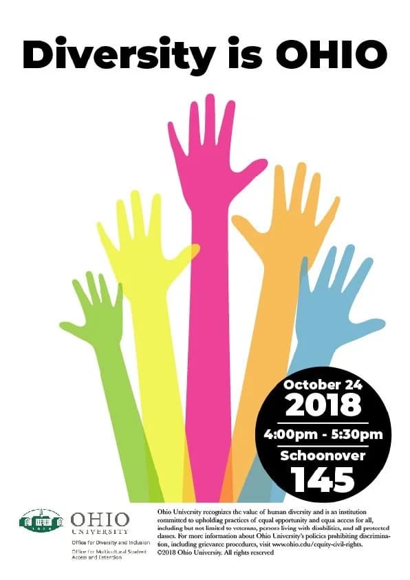 Diversity is OHIO poster: raised hands in rainbow colours reaching up from the bottom, with the date, October 24 2018, in a black circle.
