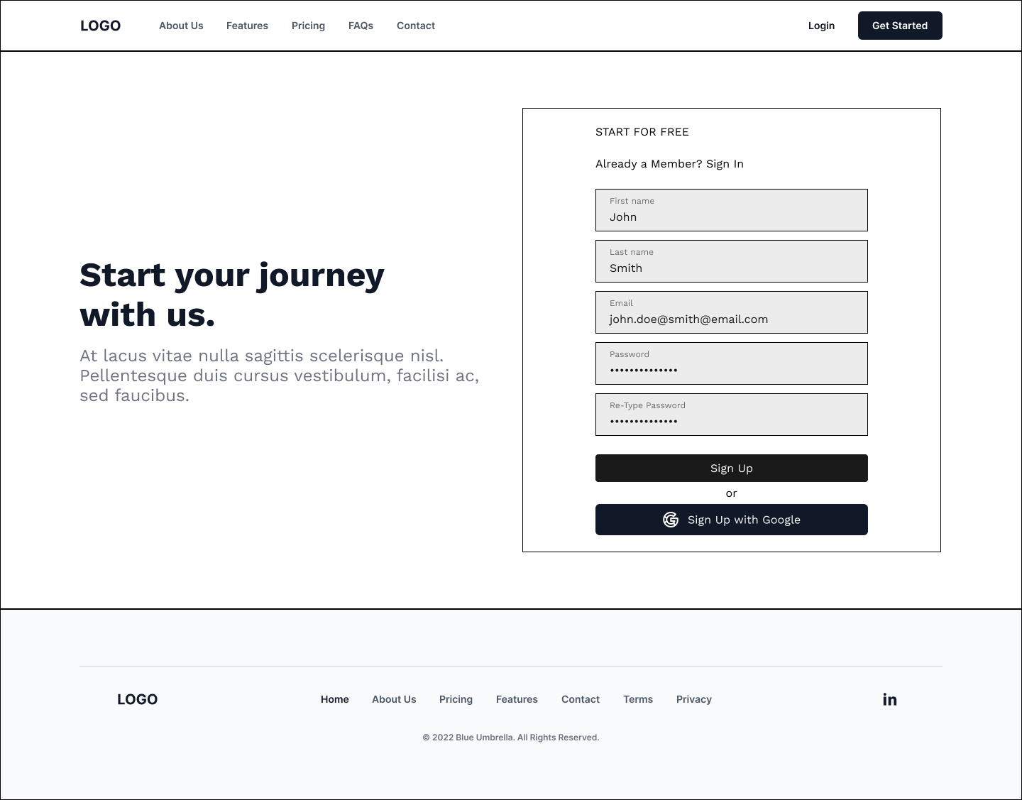Grey wireframe of the sign-up page: “Start your journey with us” beside a create-account form with a Sign up with Google button.