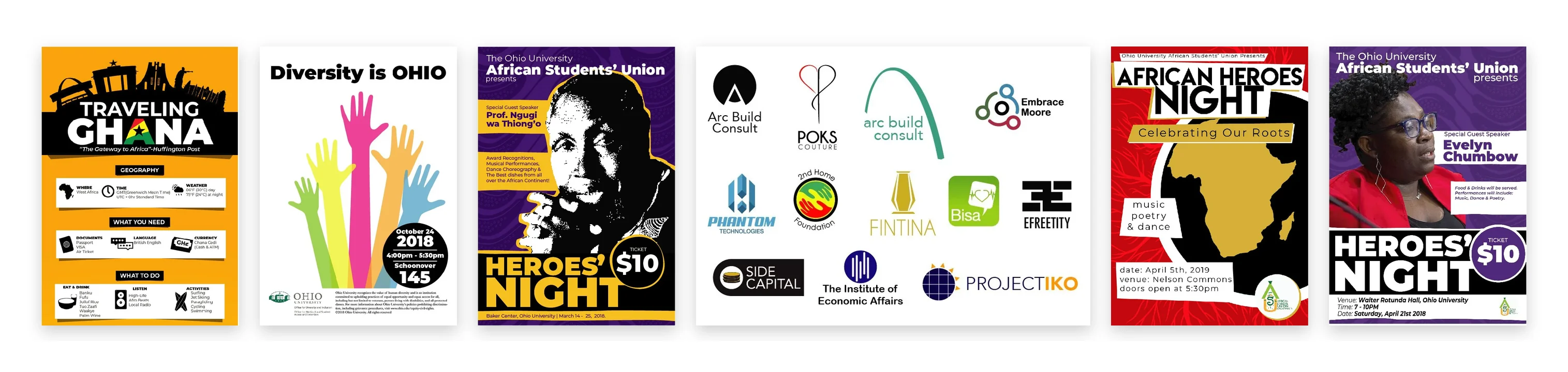 Posters side by side — Traveling Ghana, Diversity is OHIO, Heroes' Night and African Heroes Night — with a sheet of logos.